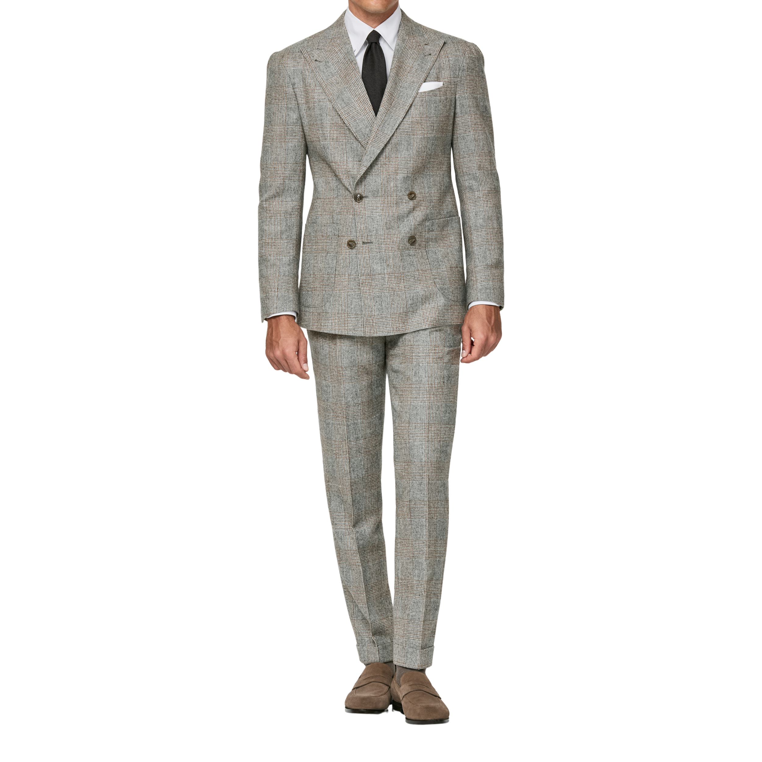 Eisgrauer Zweireihiger Anzug mit Zimtfarbenen Glencheck
