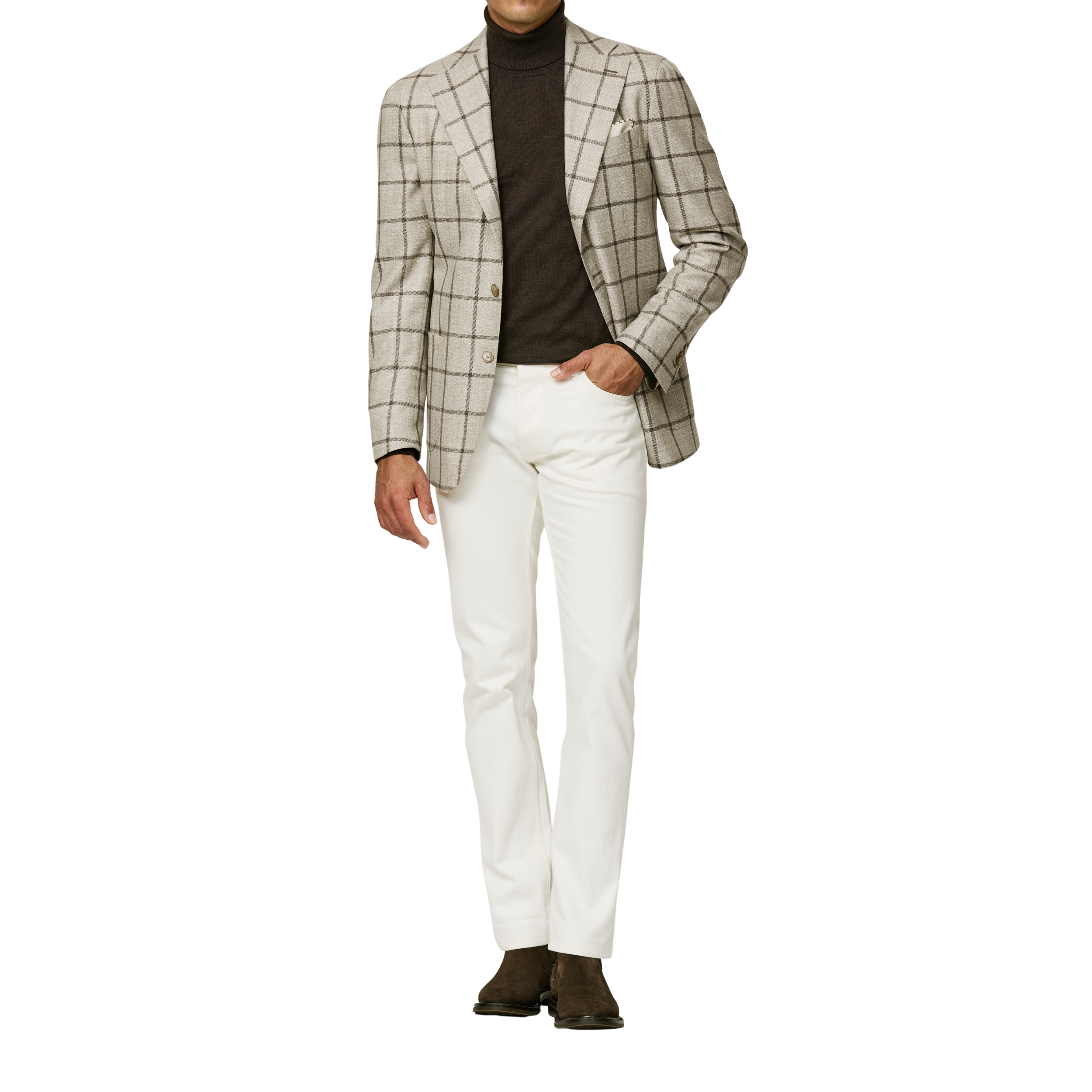 Knochenfarbenes Sakko mit dunkelbraunem Windowpane Muster