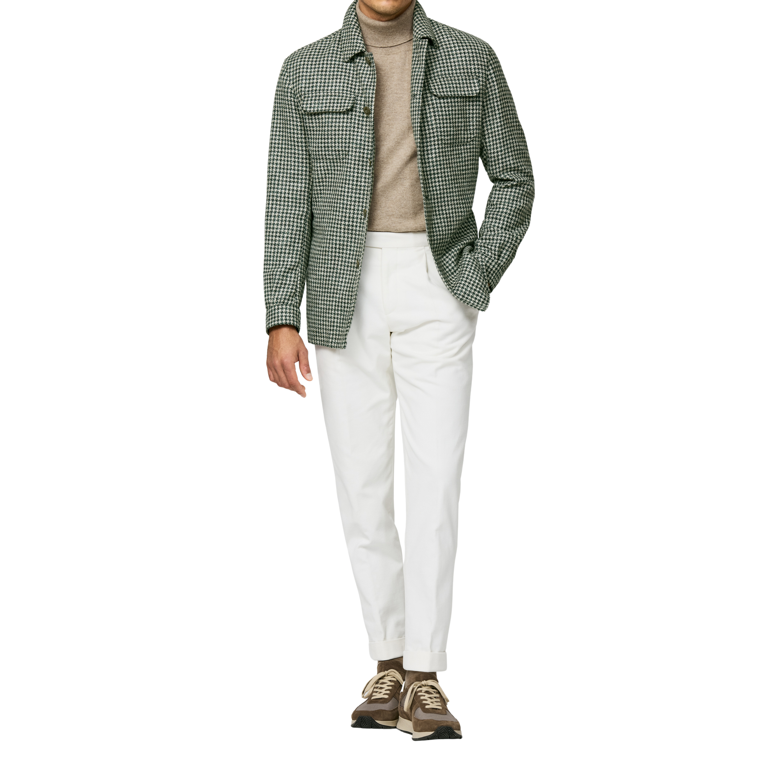 Jadegrüne Shirtjacket mit Weißem Hahnentrittmuster