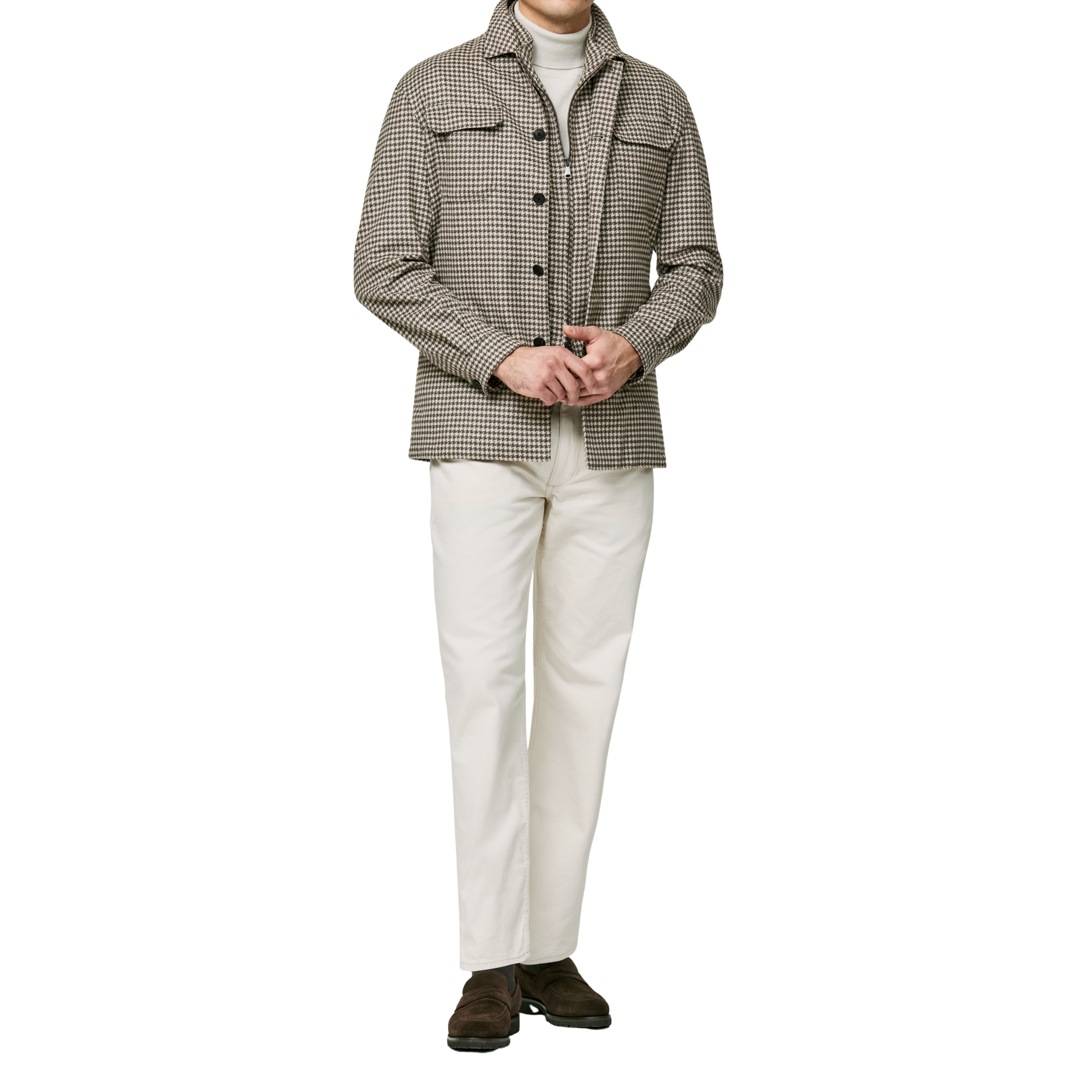 Sandfarbene Shirtjacket mit Braunem Hahnentritt