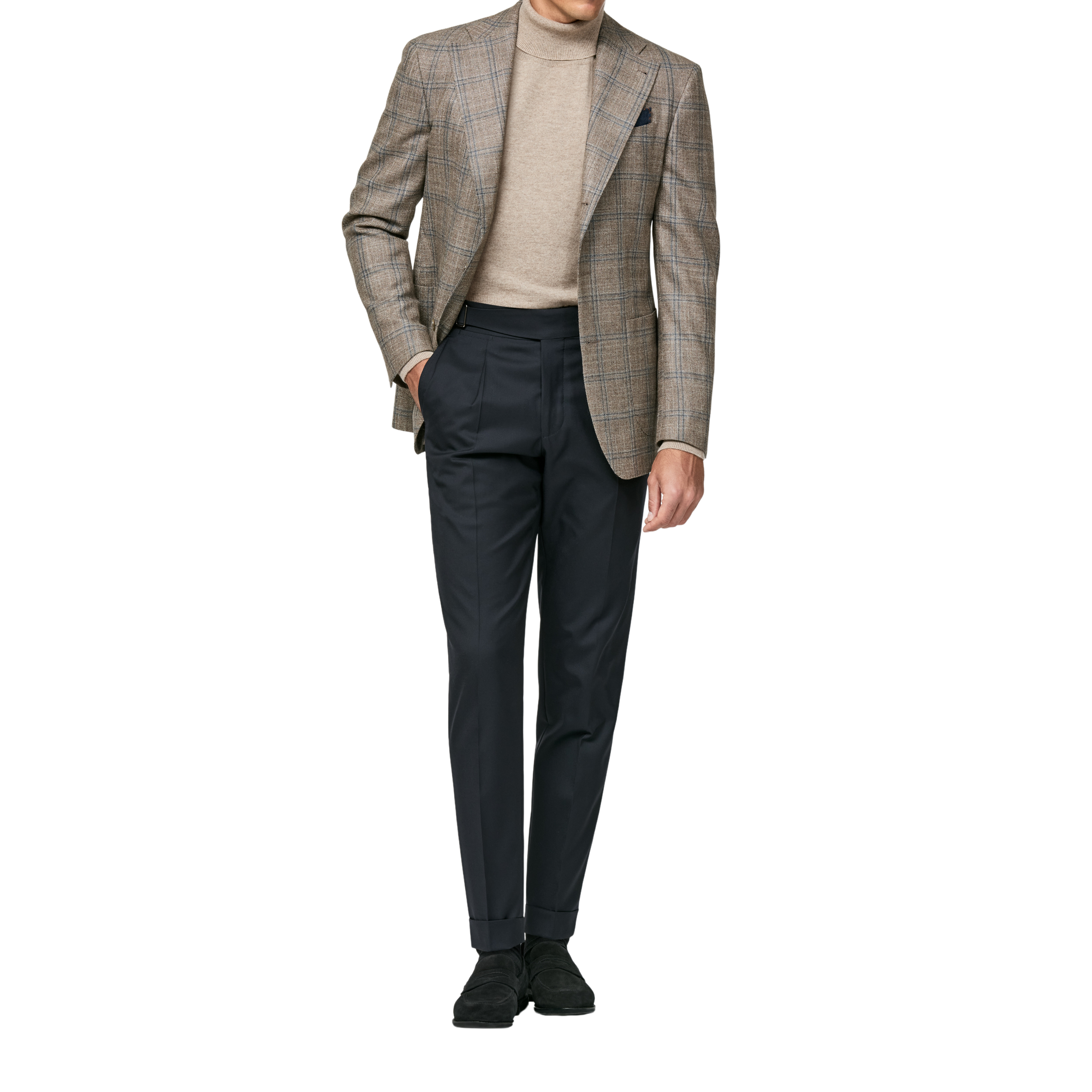 Helbraunes Sakko mit Doppeltem Blauem Windowpane Muster