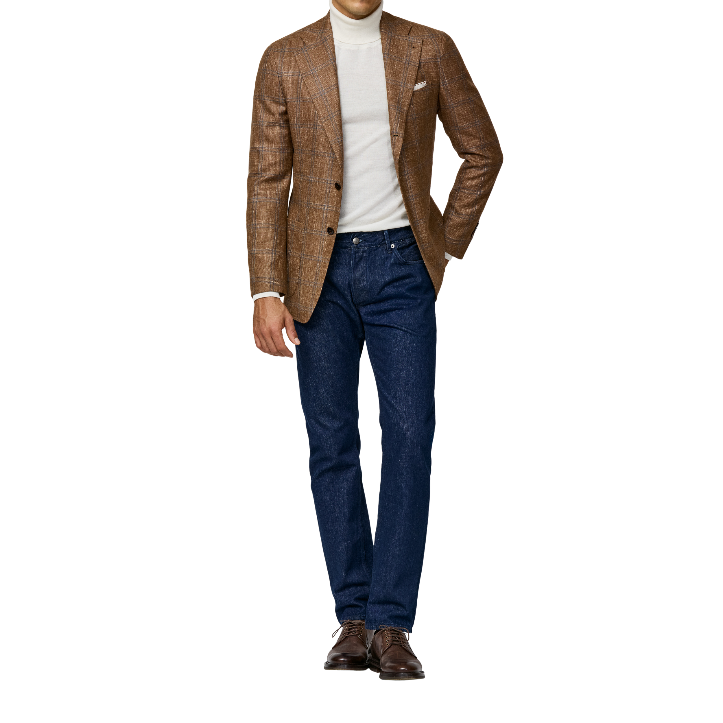 Zimtfarbenes Sakko mit doppeltem Dunkelblauem Windowpane Muster