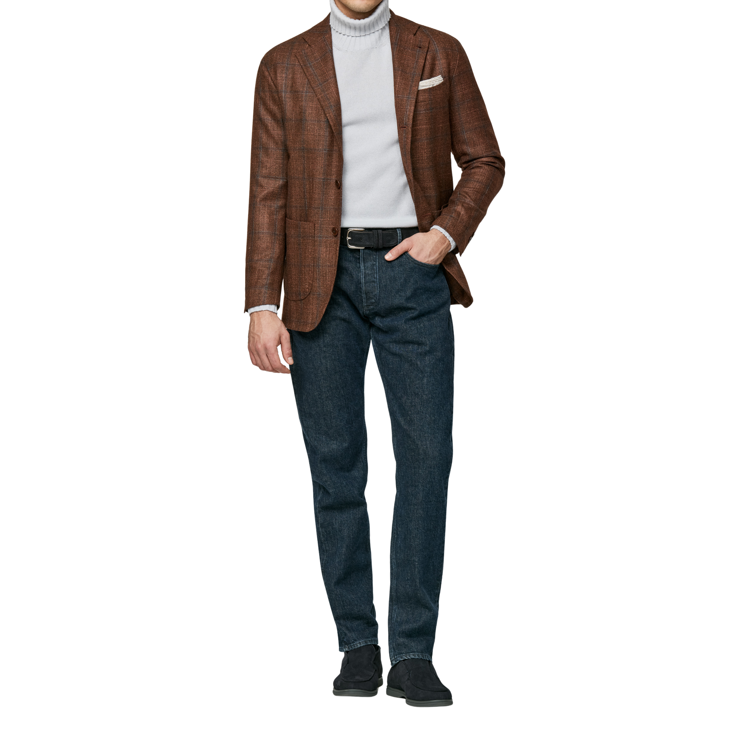 Mahagonybraunes Sakko mit Blauem Windowpane Muster