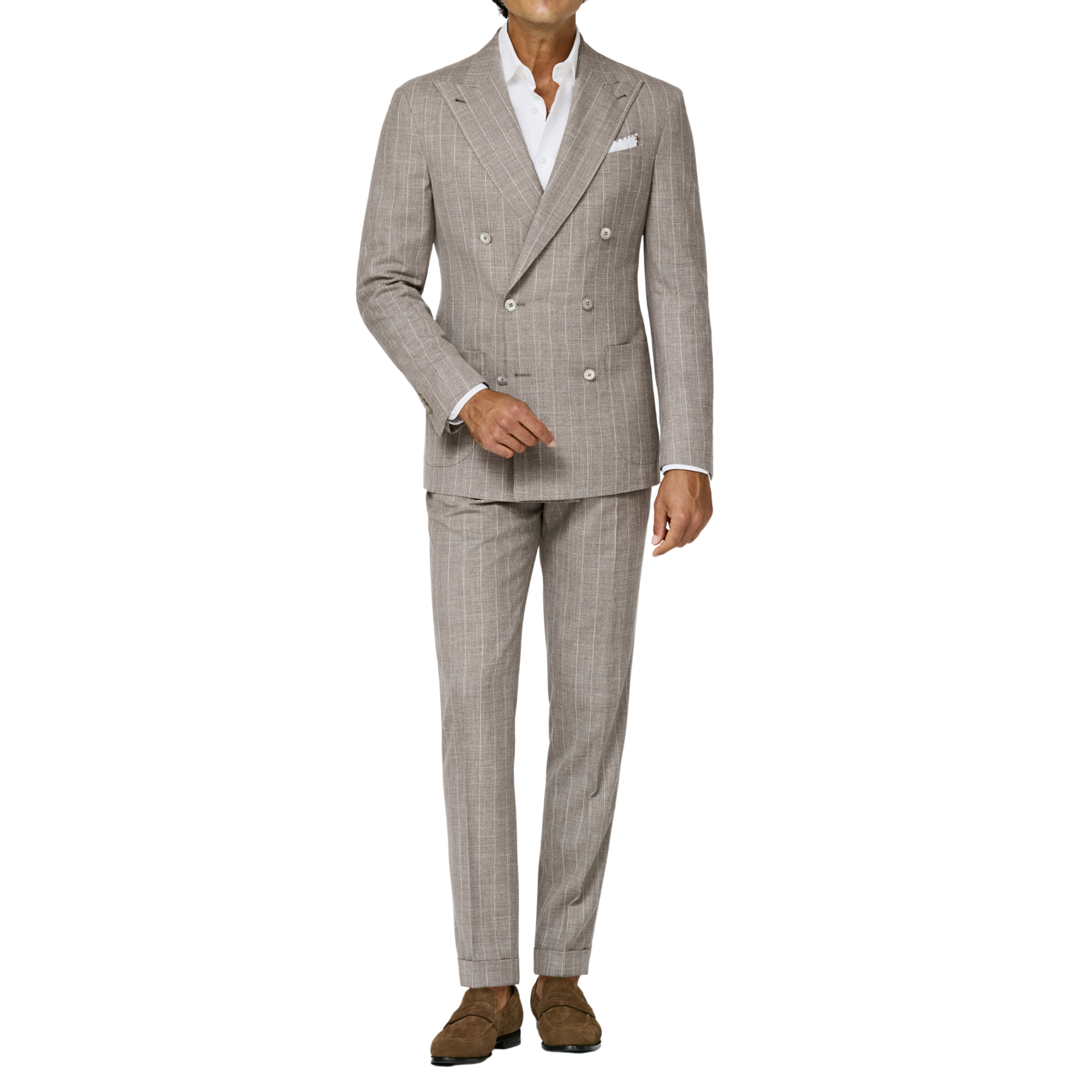 Anzug in zartem Taupe mit feinen Elfbein-Nadelstreifen