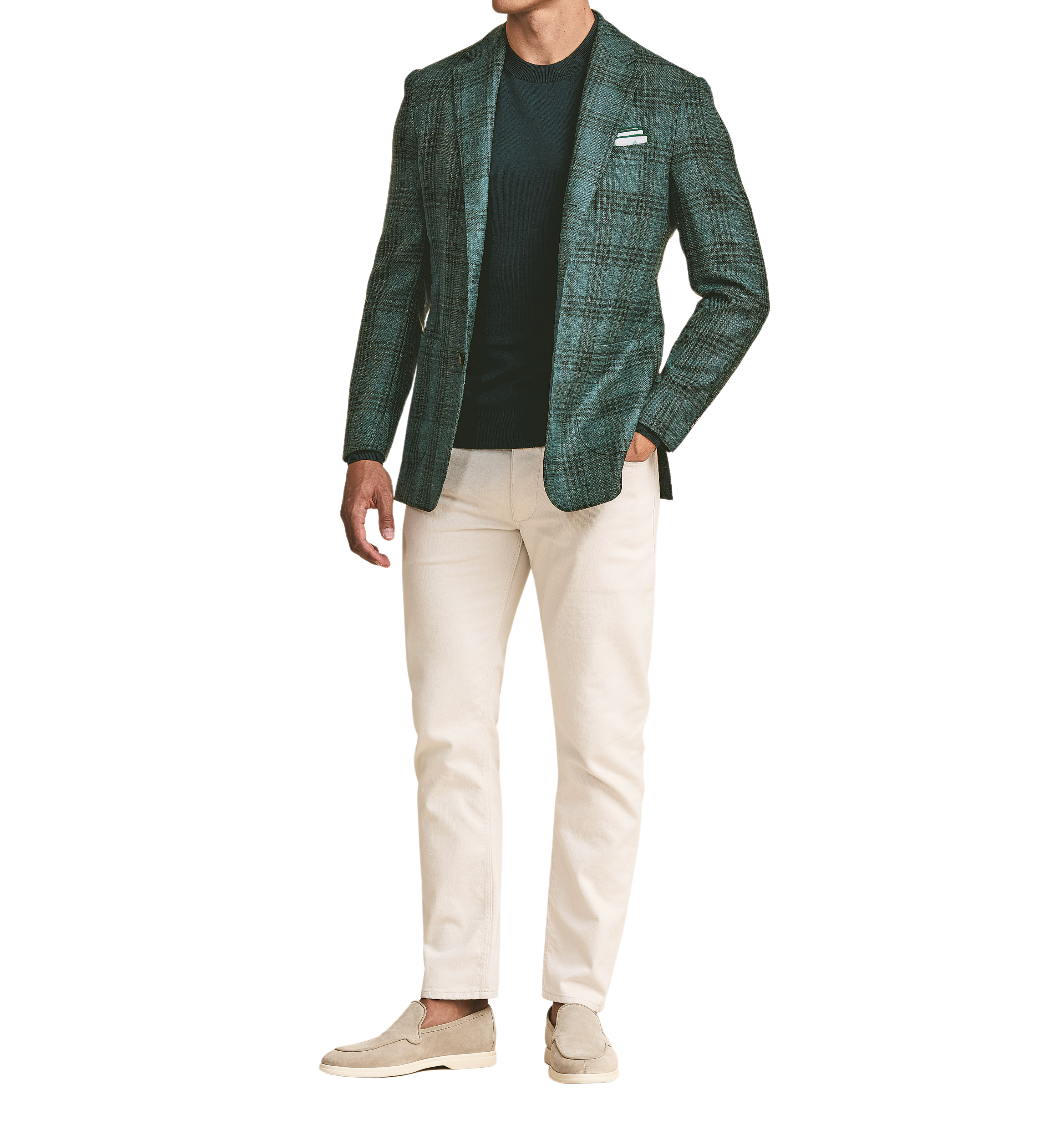 Grünes Sakko aus Wolle, Seide & Leinen mit dunkelgrünem Karomuster