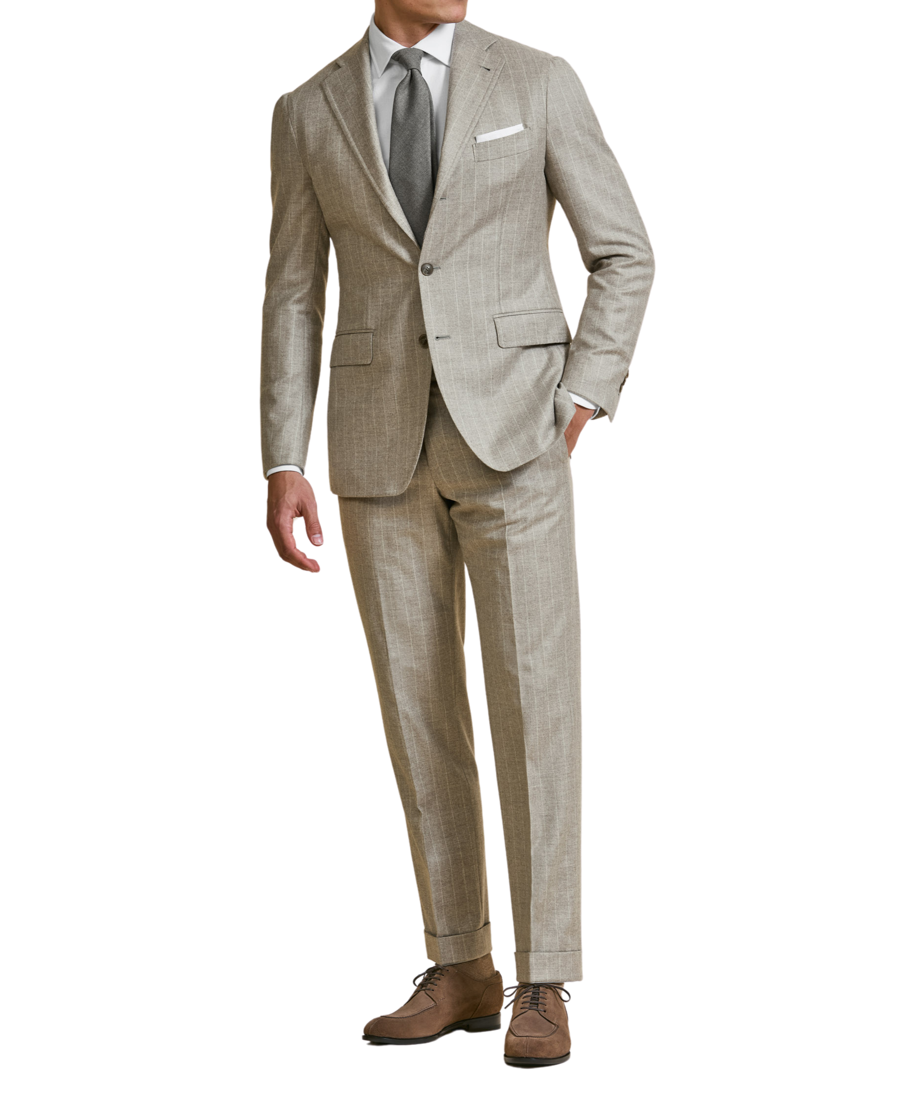 Taupefarbener Anzug aus Woll-Kaschmir-Stoff mit Kreidestreifen
