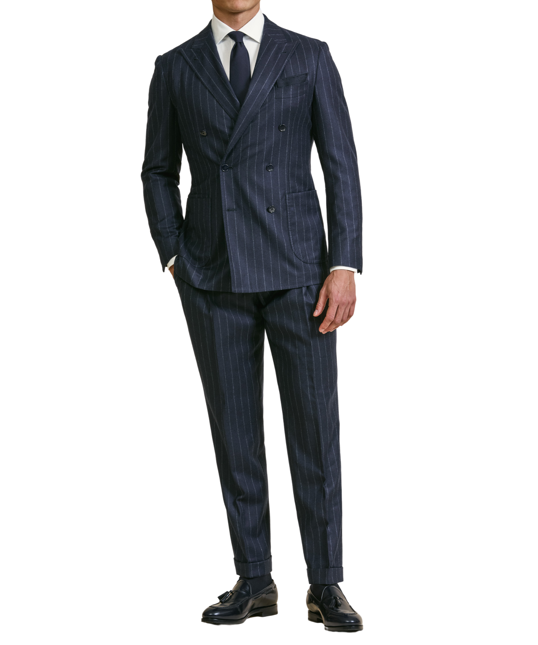 Blauer Doppelreiher-Anzug aus Wolle-Kaschmir-Stoff mit Kreidestreifen