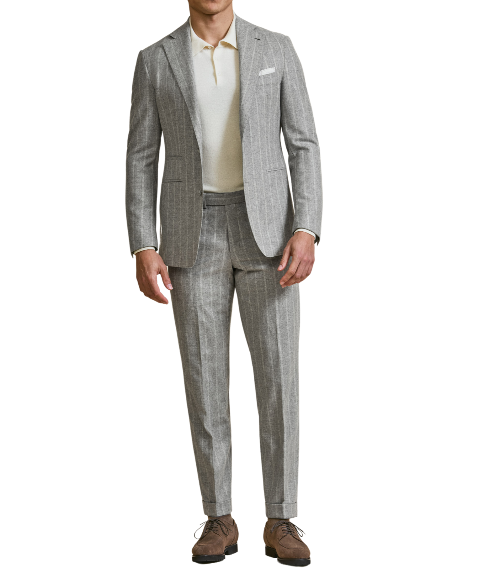 Steingrauer Anzug aus Woll-Kaschmir-Stoff mit Kreidestreifen