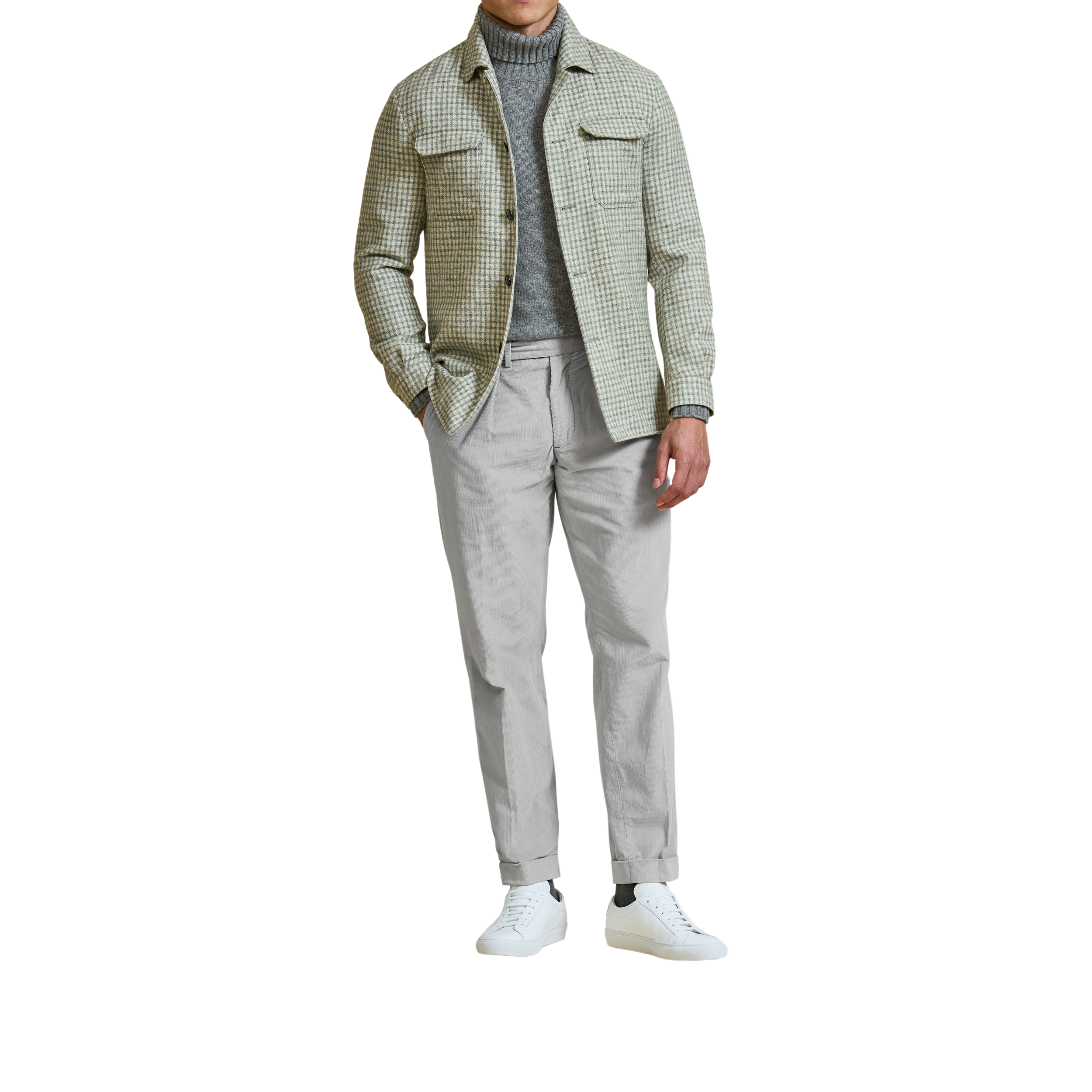 Shirt Jacket aus Wolle & Alpaka kleines Karo hellgrau