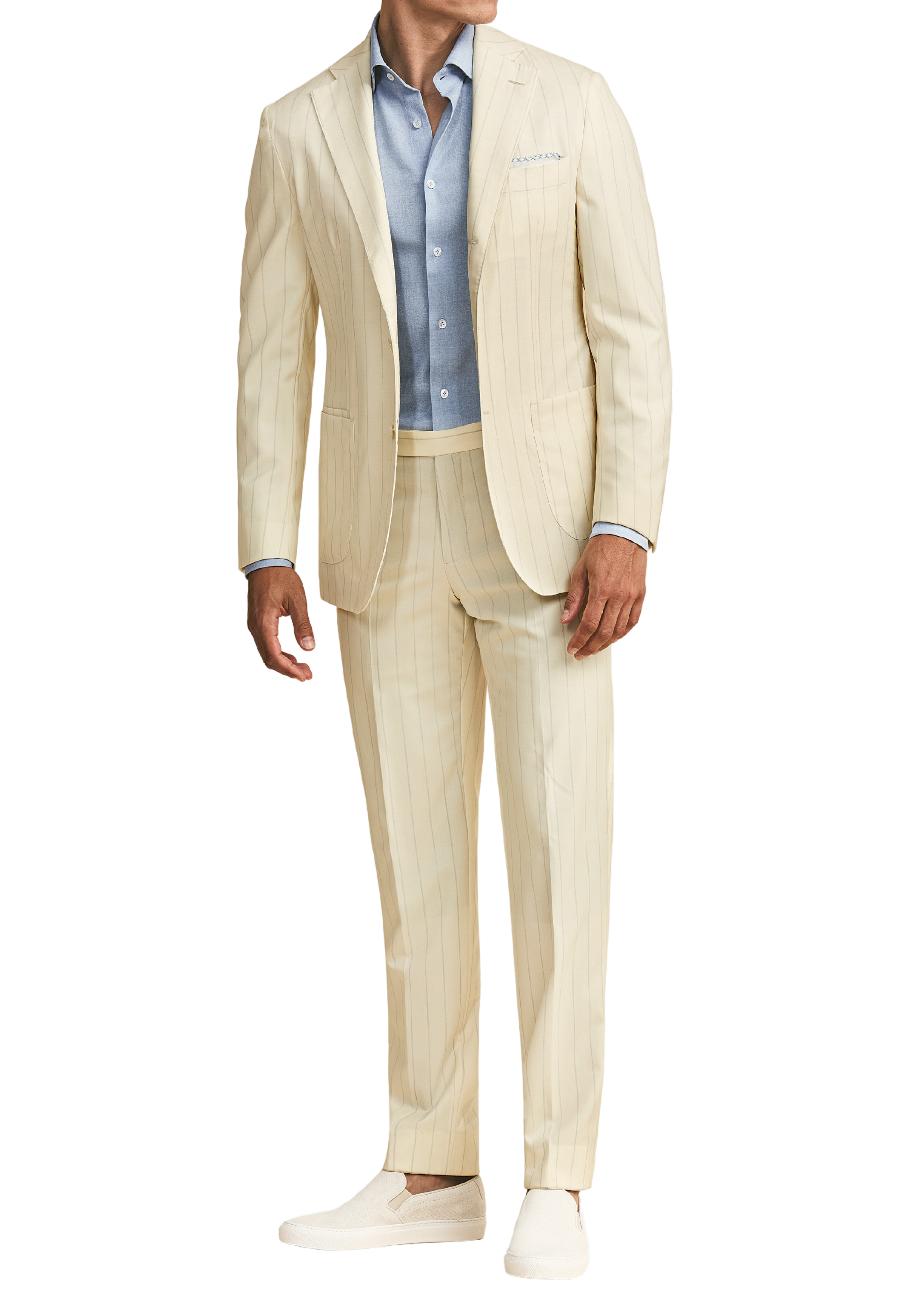 Elfenbeinfarbener Anzug aus Wolle und Seide mit farblich abgestimmten Streifen
