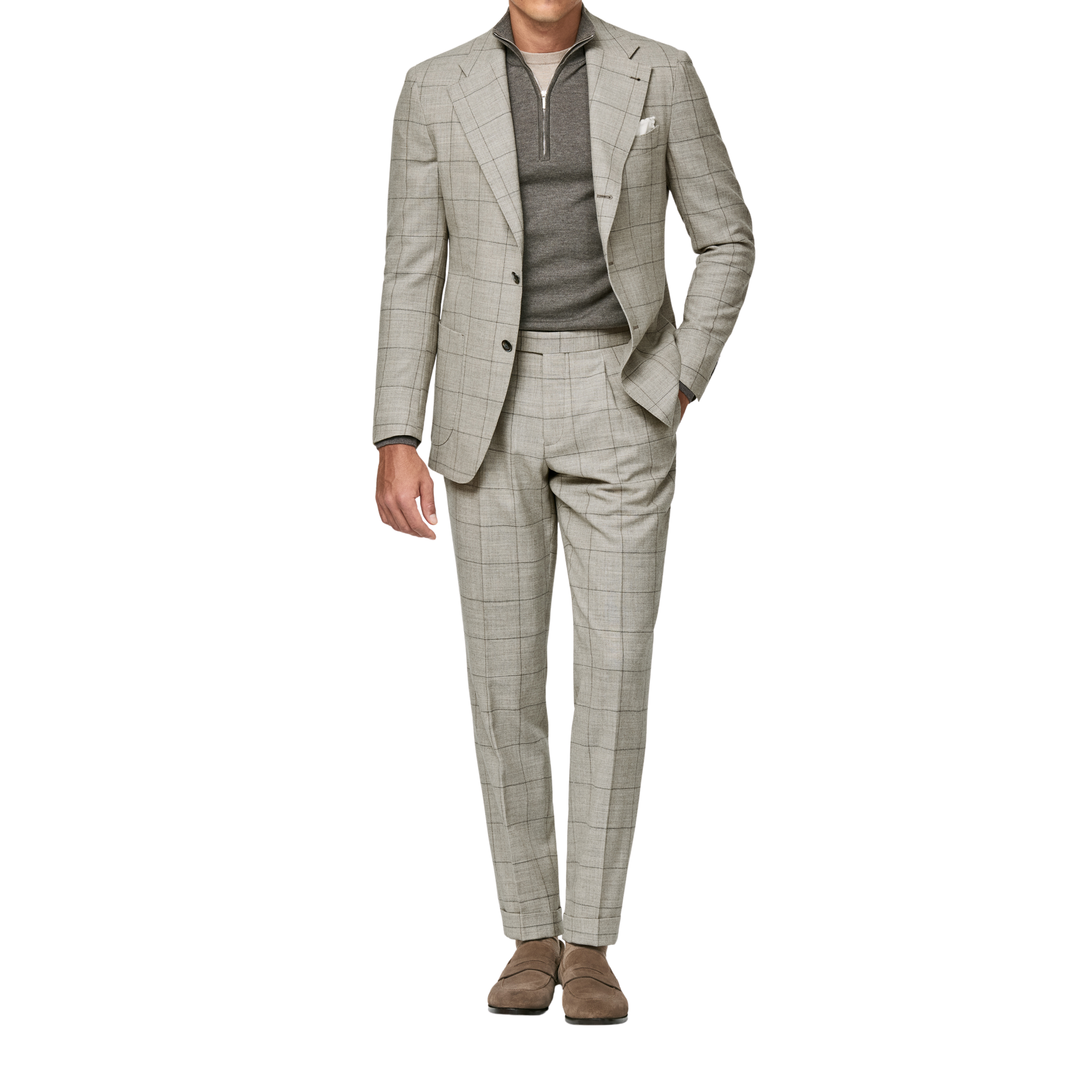 Beiger Anzug aus Wollflanell mit braunem Windowpane