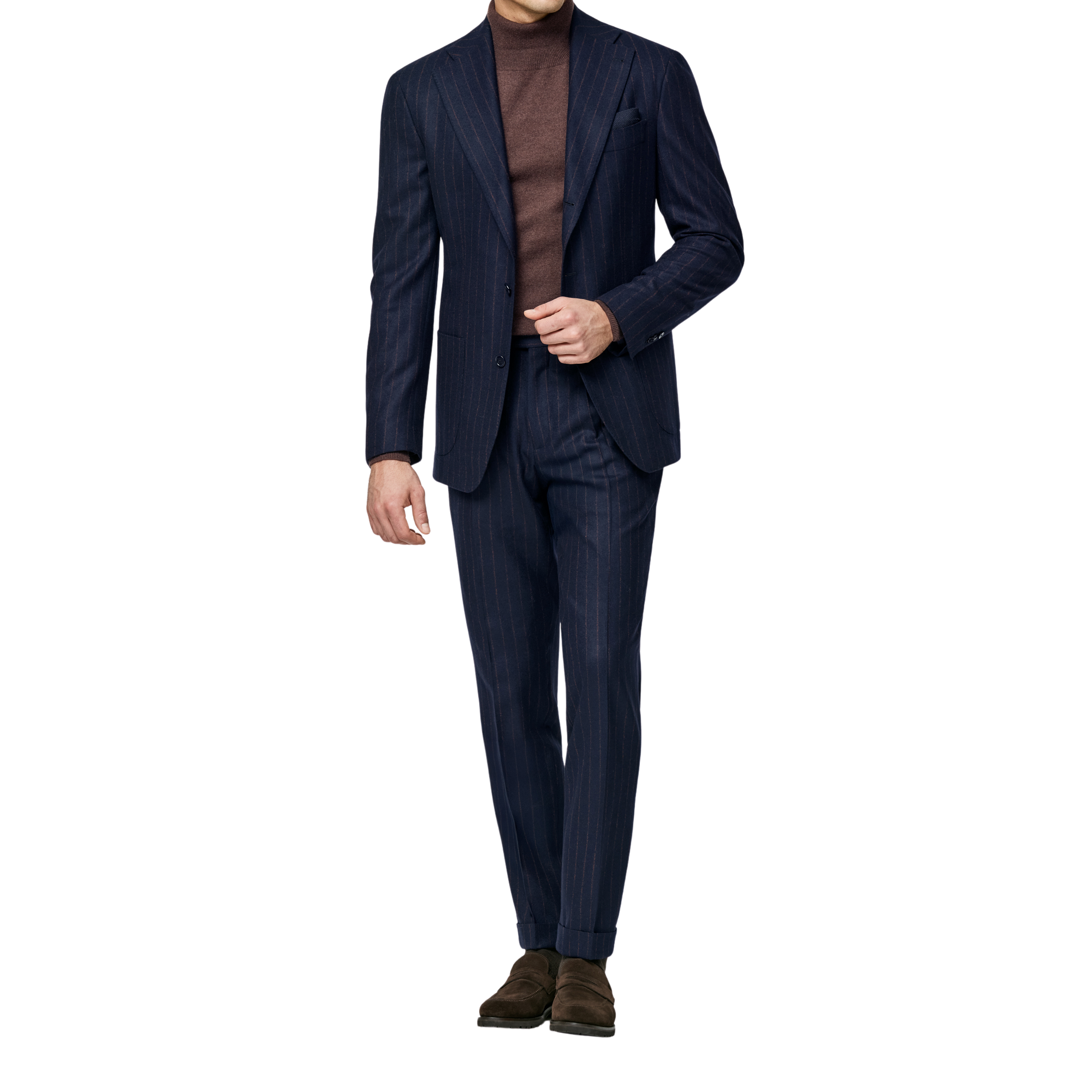 Wollanzug in dunklem indigo-blau mit rostfarbenen Streifen