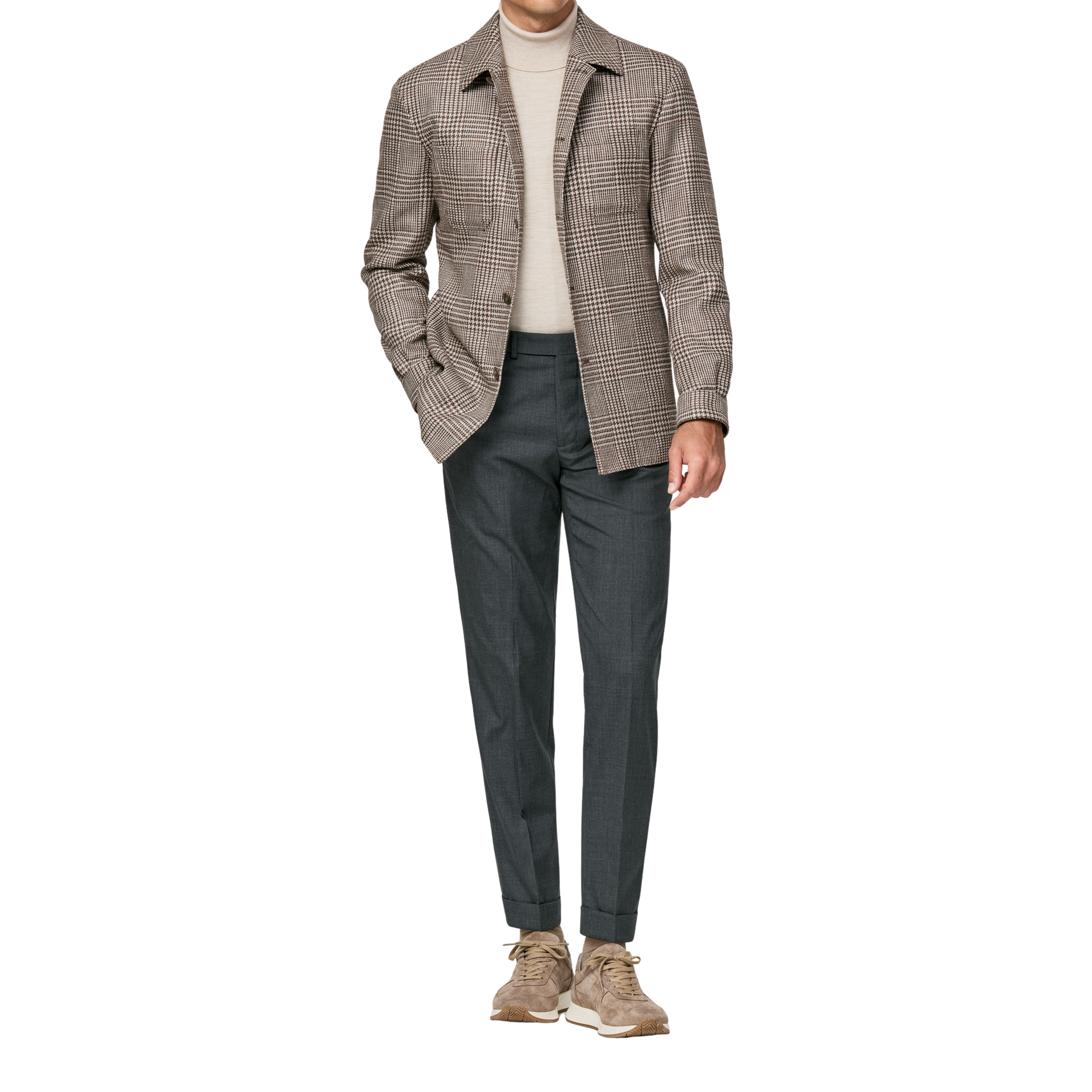 Beige Shirtjacket mit Dunkelbraunem Glencheck