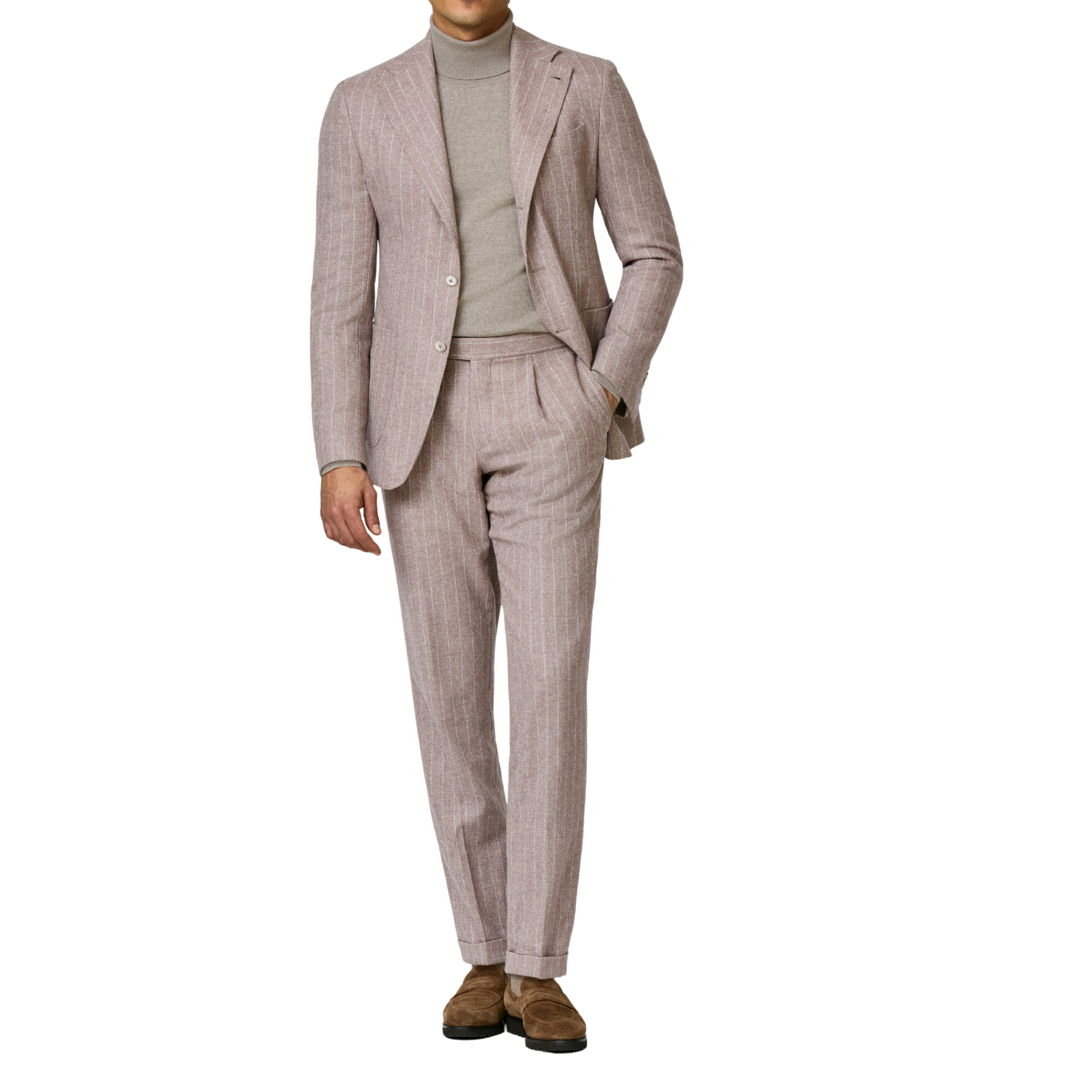 Anzug in pale pink mit weißen Nadelstreifen aus Alpaka Wolle mit Stretch