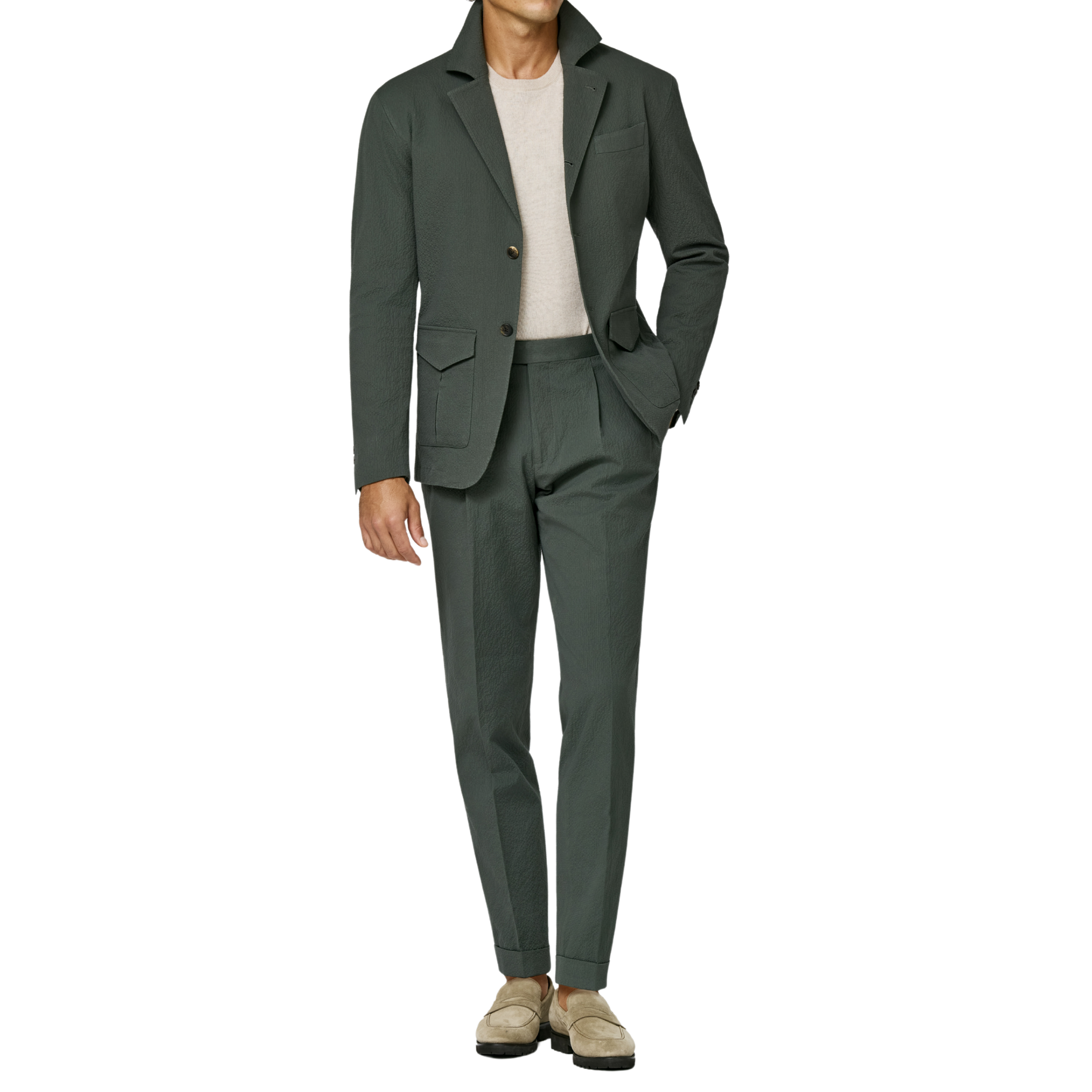 Anzug in Army green seersucker