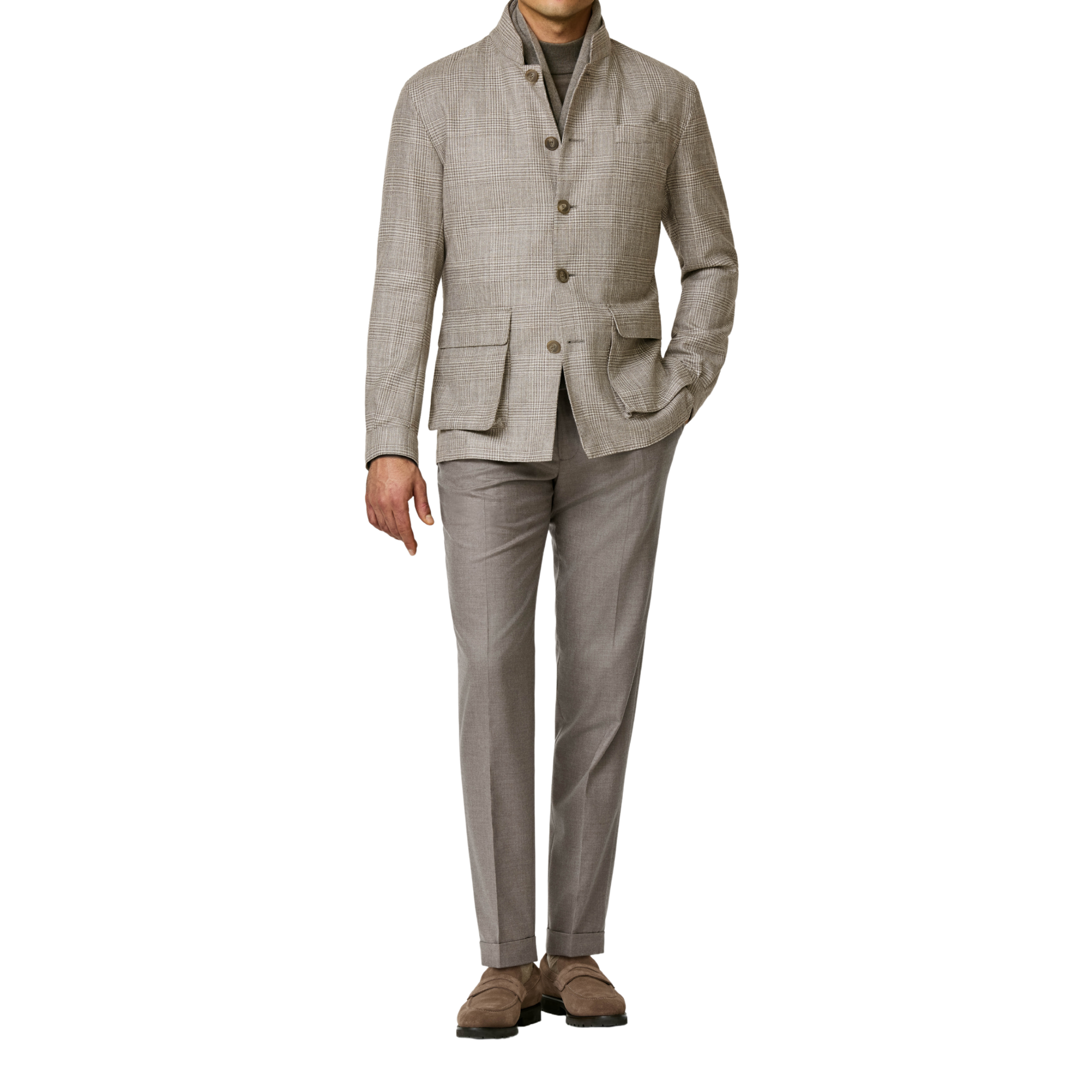 Shirtjacket in ivory-taupe mit glencheck aus Wolle-Seide-Kashmir