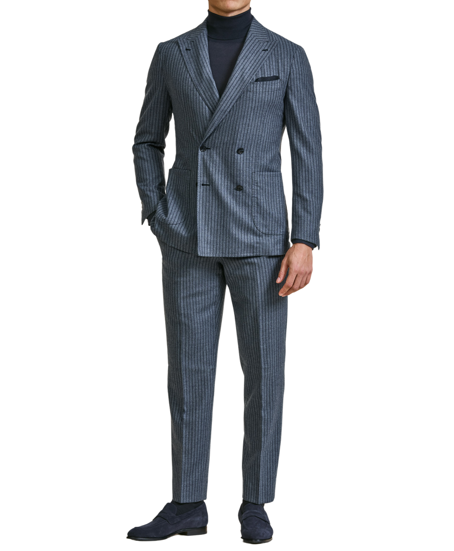 Denimblauer Doppelreiher-Anzug aus Wollflannel mit dunkelblauen Streifen