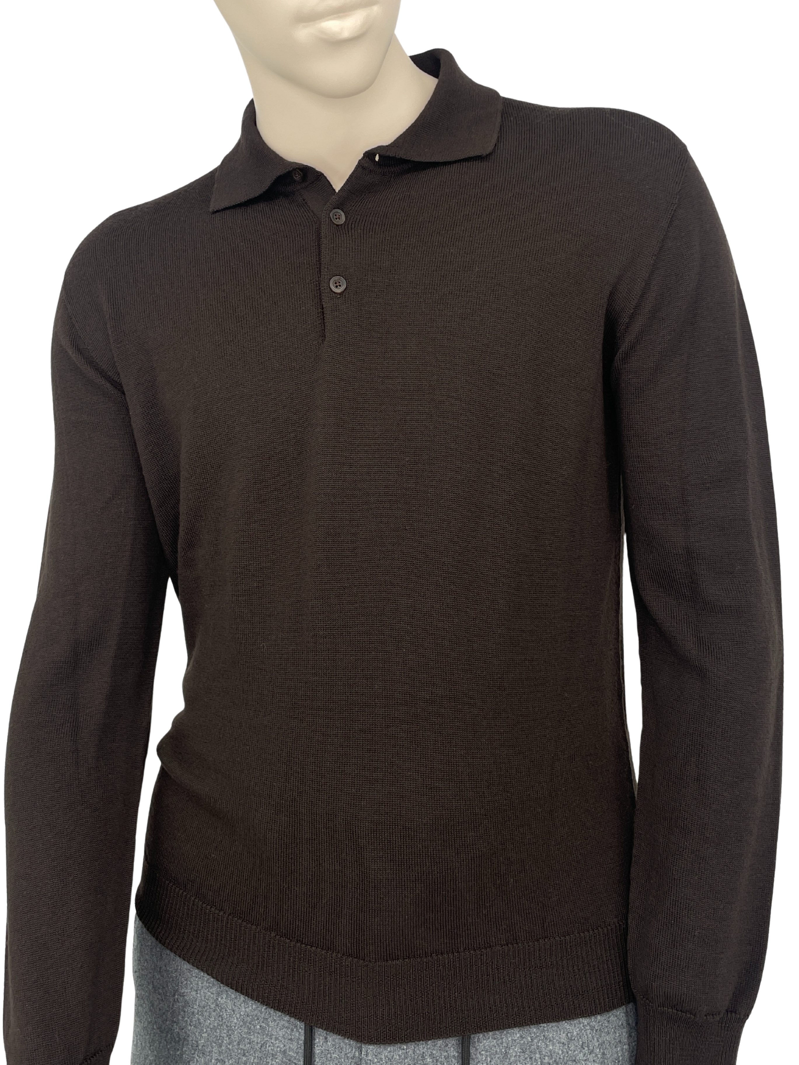 Merino Polo langarm in Dunkelbraun